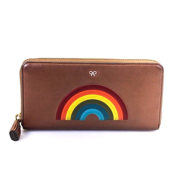 Anya Hindmarch Women's Leather Rainbow Large Zip Around Card Holder Brown Wallet - Picture 1 of 6